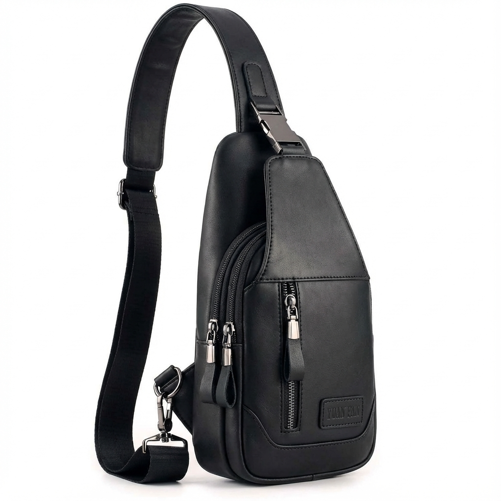 Black leather sling bag with multiple zippers on a white background