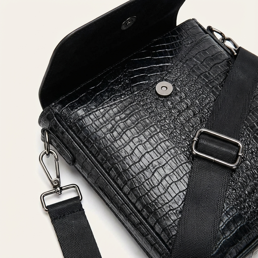 Black textured leather bag with a strap on a light background