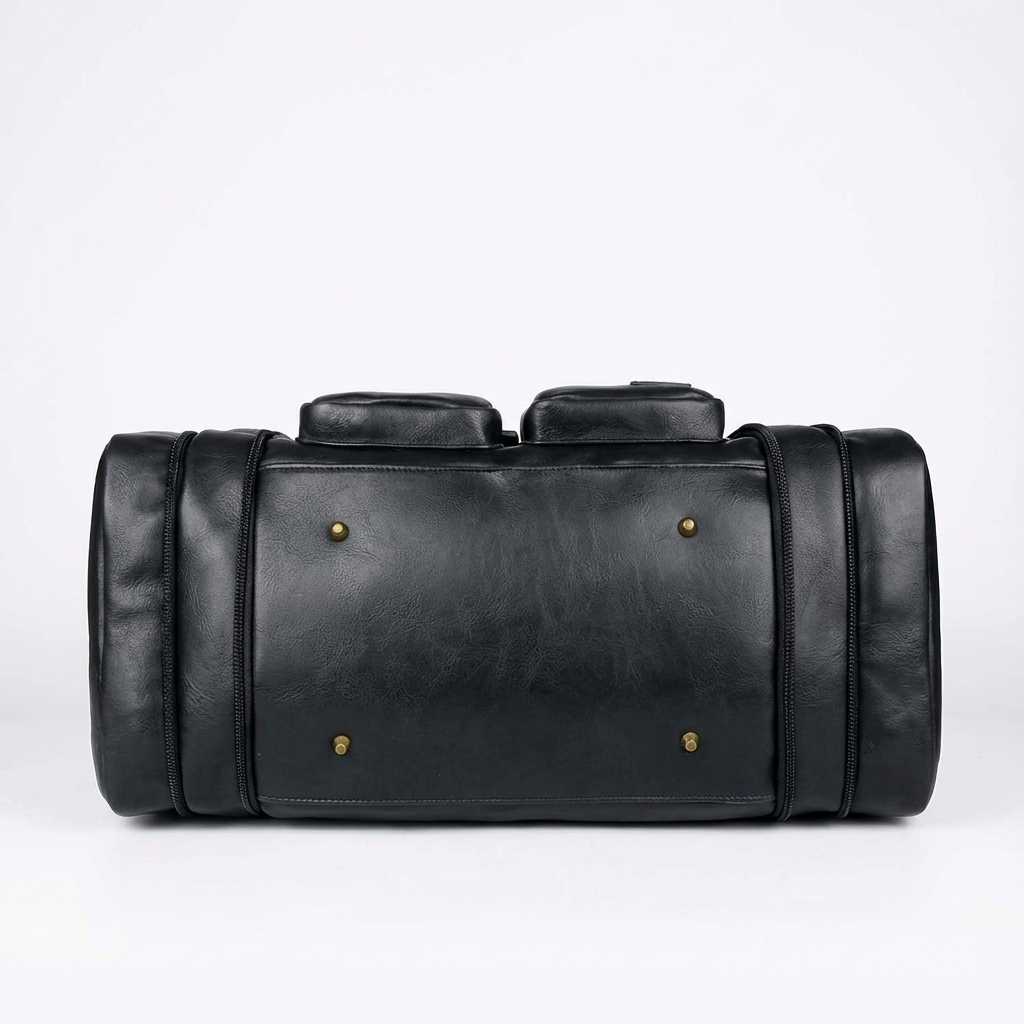Men's Vegan Leather Duffel Bag – base and hardware detail | FR Fashion Co.
