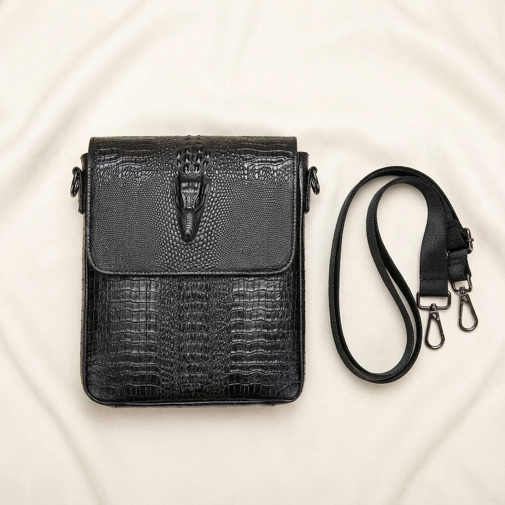 Black textured crossbody bag with a strap on a light beige background