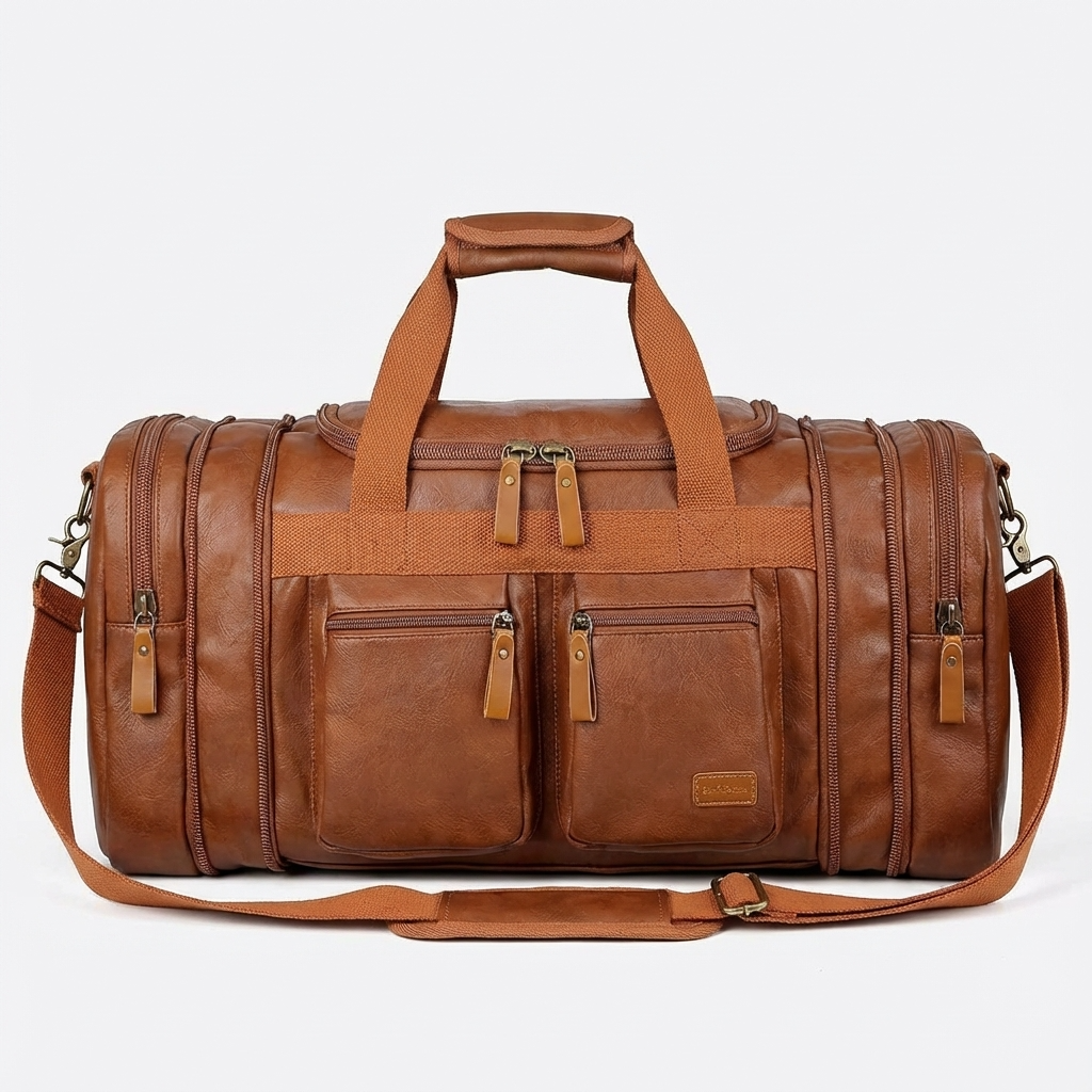 Brown leather duffel bag with multiple zippers on a white background