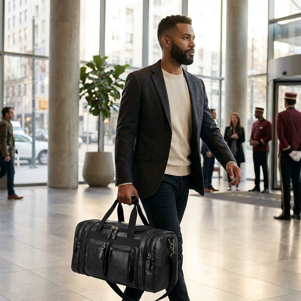Man in a suit walking through an airport with a black duffel bag.
