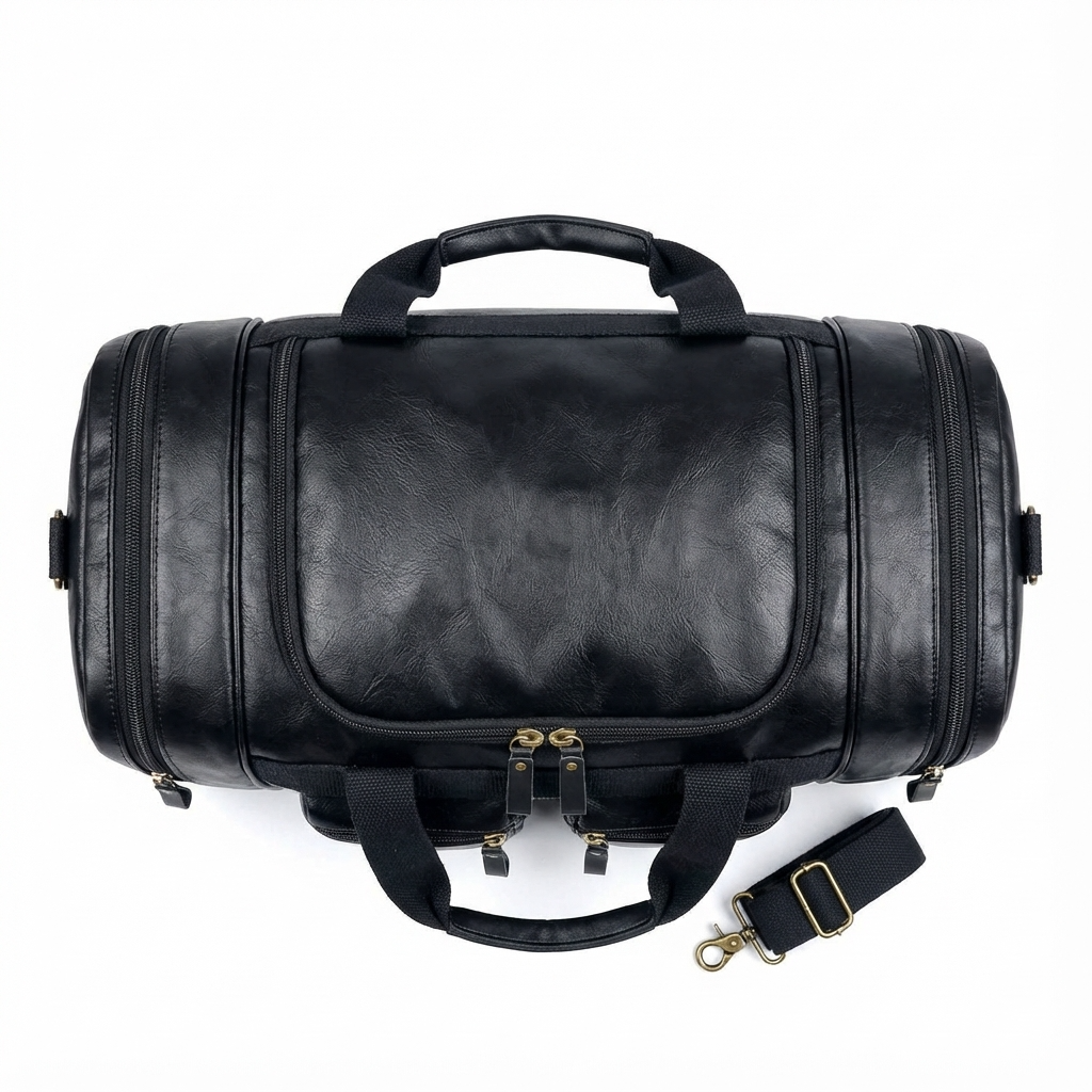 Men's Vegan Leather Duffel Bag – top view, zipped | FR Fashion Co.