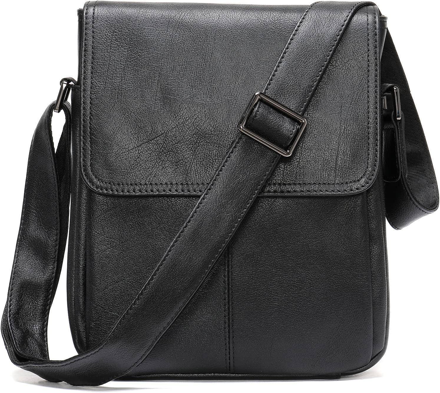 Men's black leather crossbody messenger sling bag with adjustable strap by FR Fashion Co.