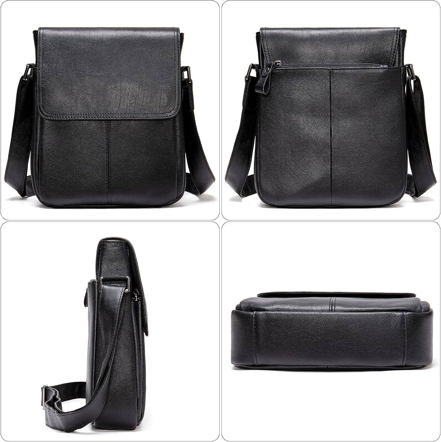 Men's black leather crossbody messenger sling bag with adjustable strap by FR Fashion Co.