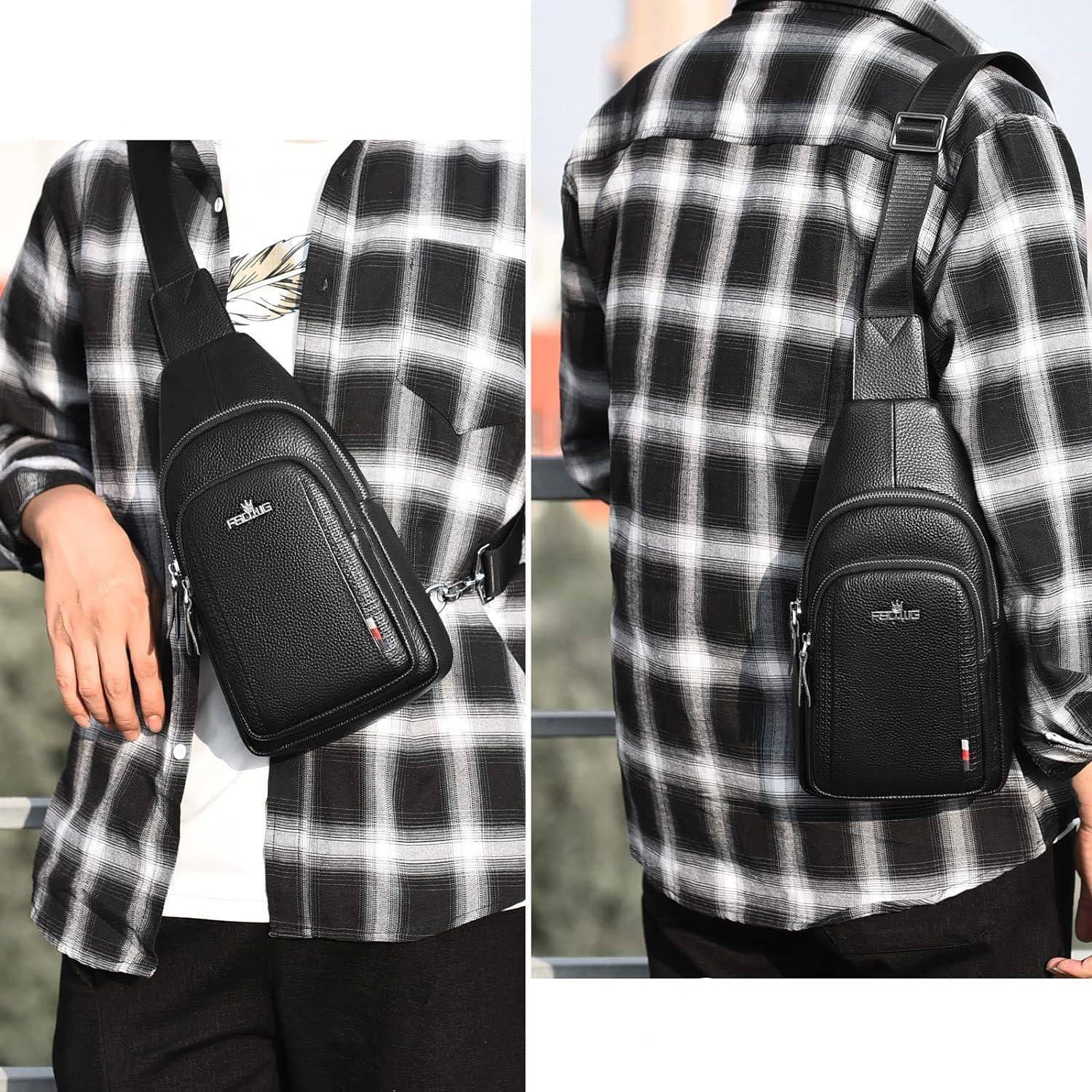 Men's black leather crossbody chest bag with silver zippers by FR Fashion Co.