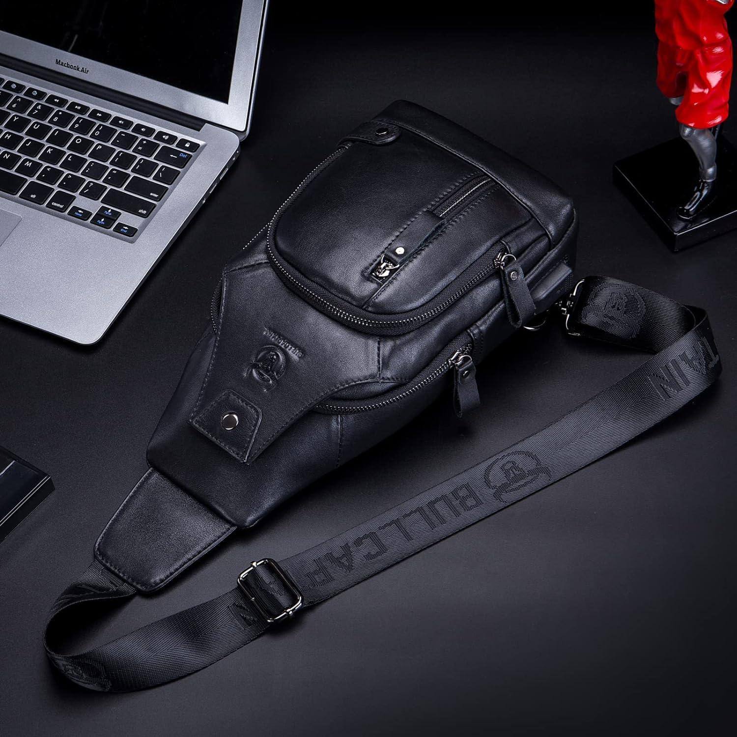 FR Fashion Co. men's leather sling chest bag with structured front panel, USB charging port, and metal accents