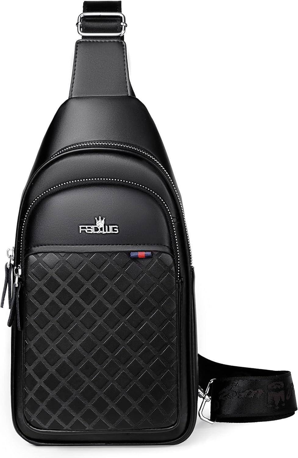 Men's black leather crossbody chest bag with embossed geometric pattern and silver hardware