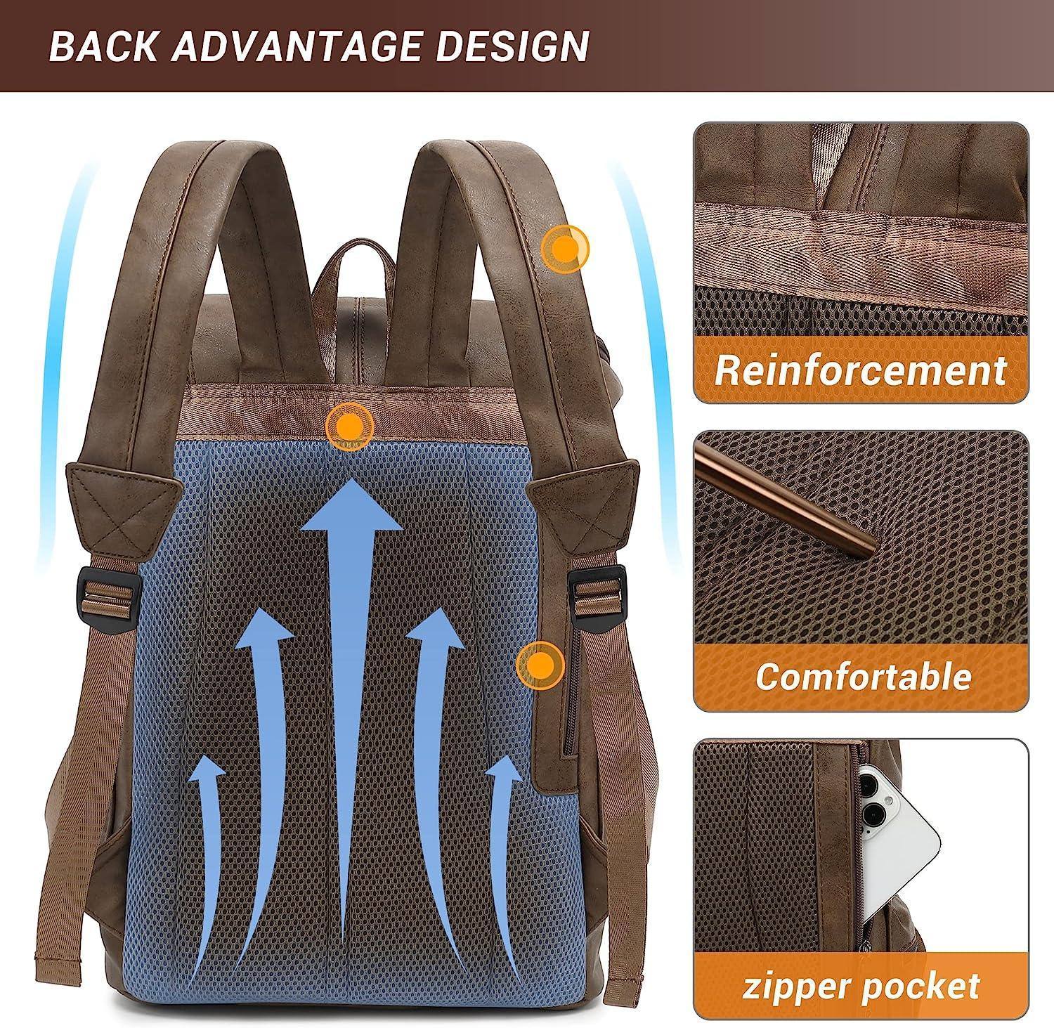 Men's brown vintage leather backpack with padded mesh back, zipper pocket, and reinforced straps by FR Fashion Co.