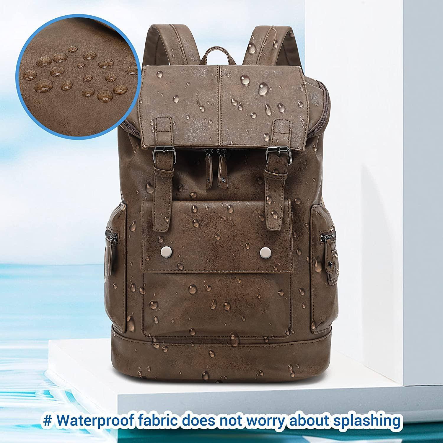 Men's brown vintage leather backpack with waterproof finish and front pocket by FR Fashion Co.