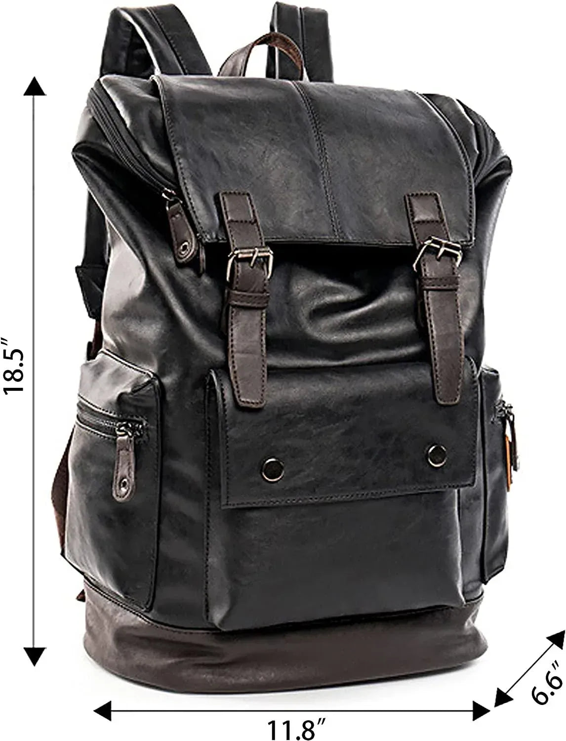 Men's black vintage leather backpack with front pocket and buckle straps by FR Fashion Co.