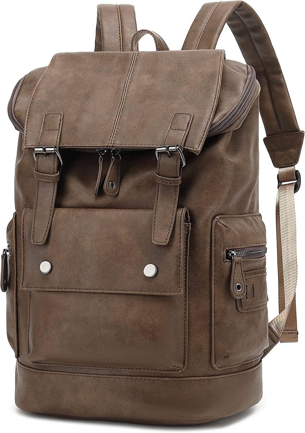 Men's vintage brown leather backpack with front flap and silver hardware by FR Fashion Co.