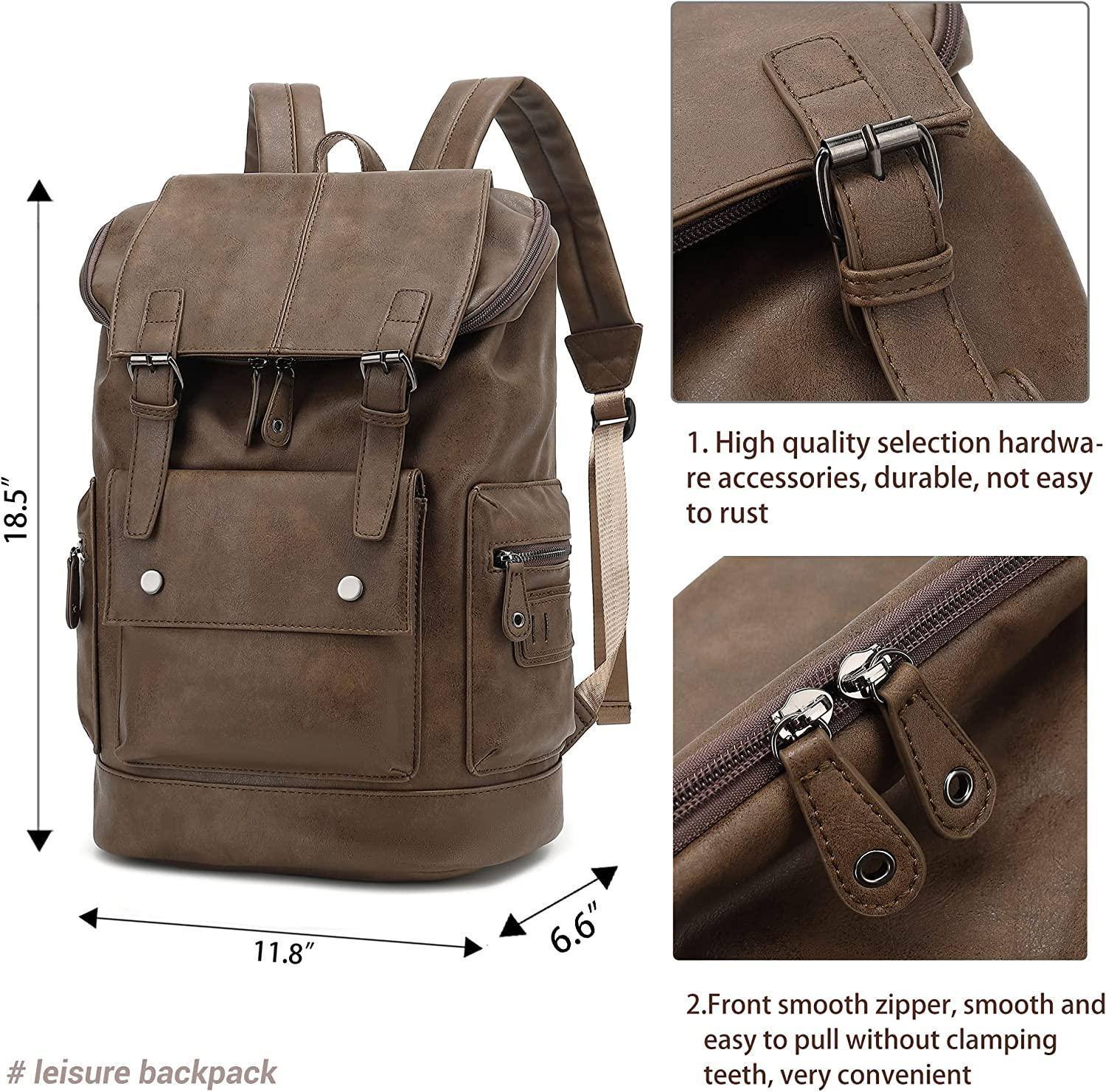 Men's brown vintage leather backpack with silver hardware and front pockets by FR Fashion Co.