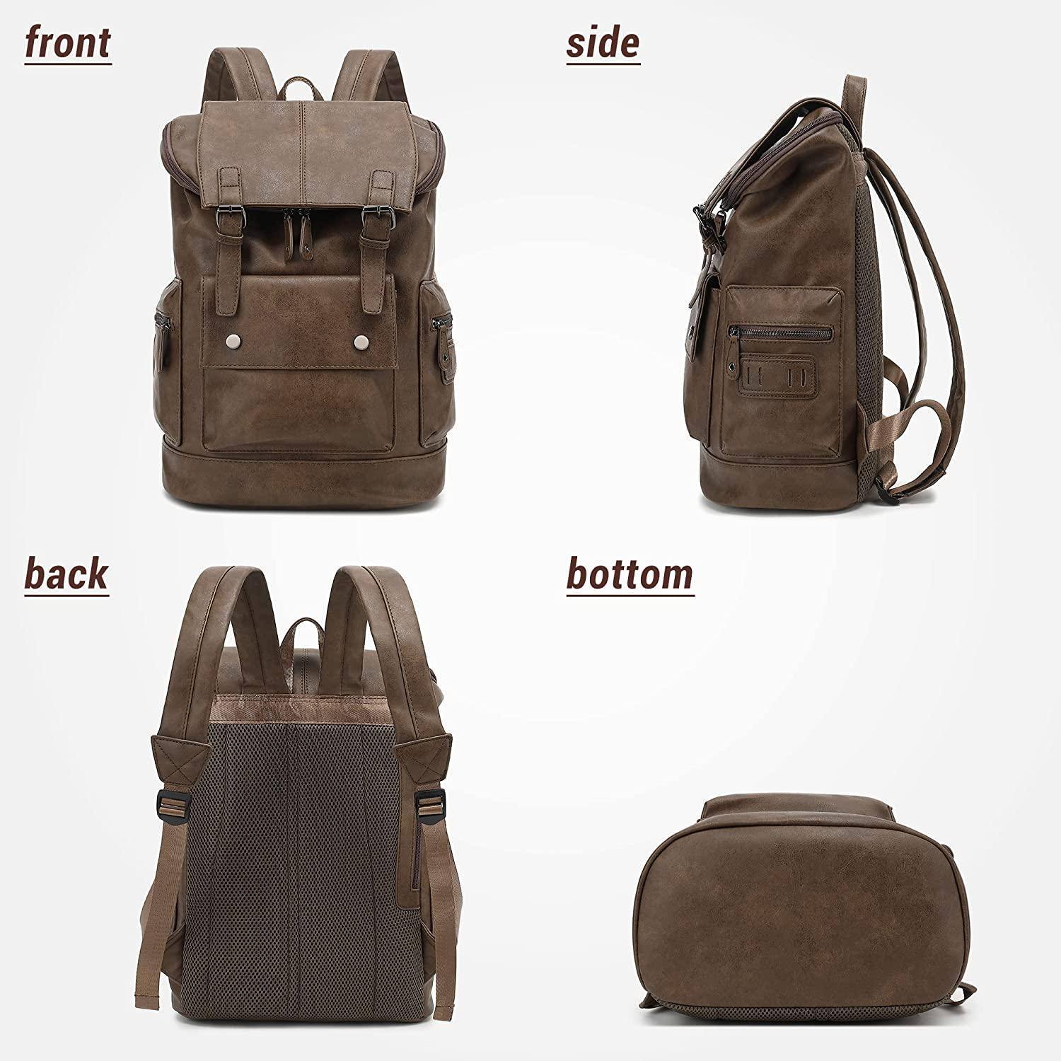 Men's vintage brown leather backpack with flap closure and side pockets by FR Fashion Co.