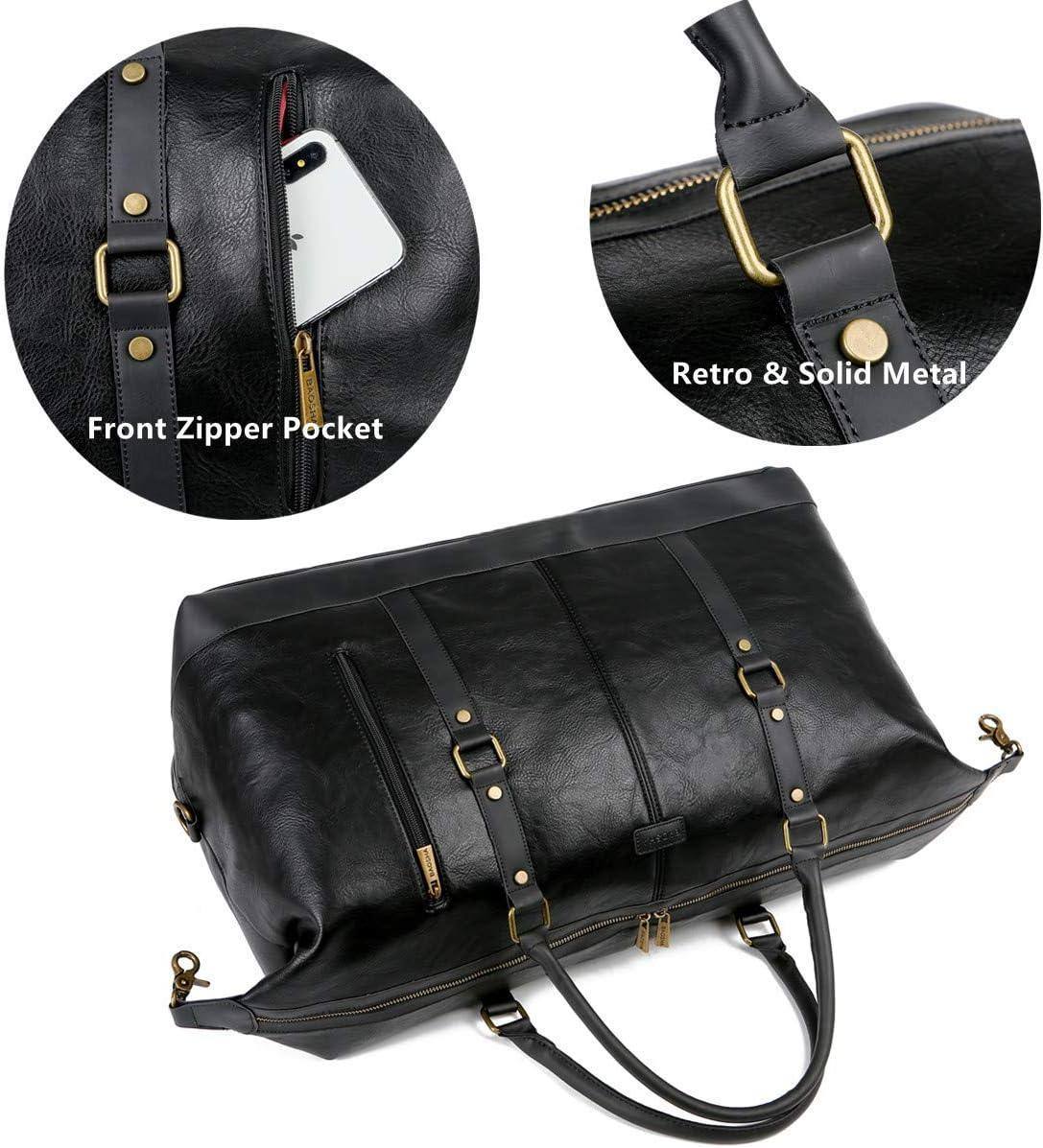 Men's black leather overnight duffel bag with gold hardware and front zipper pocket by FR Fashion Co.