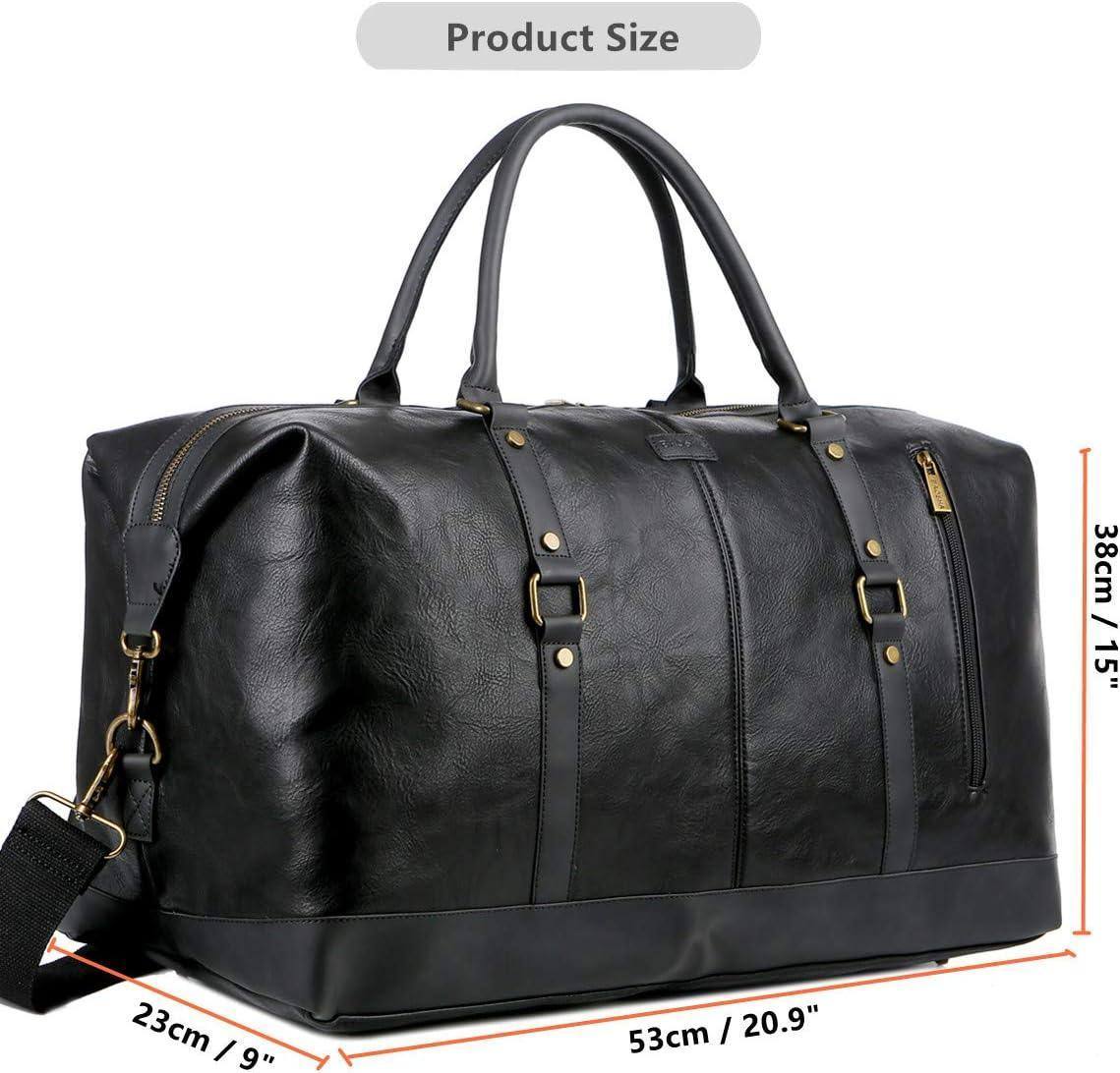 Men's black leather overnight duffel bag with gold hardware and top handles by FR Fashion Co.