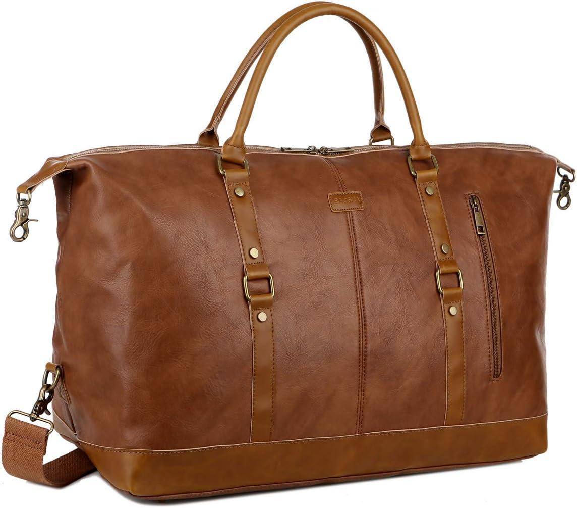 Men's tan leather overnight duffel bag with gold hardware and top handles by FR Fashion Co.