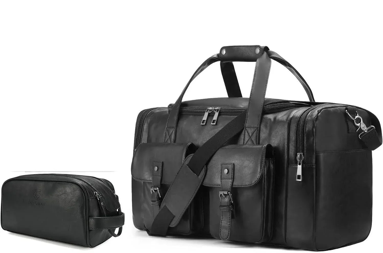 Men's black leather duffel bag with matching toiletry bag, double front pockets, FR Fashion Co.