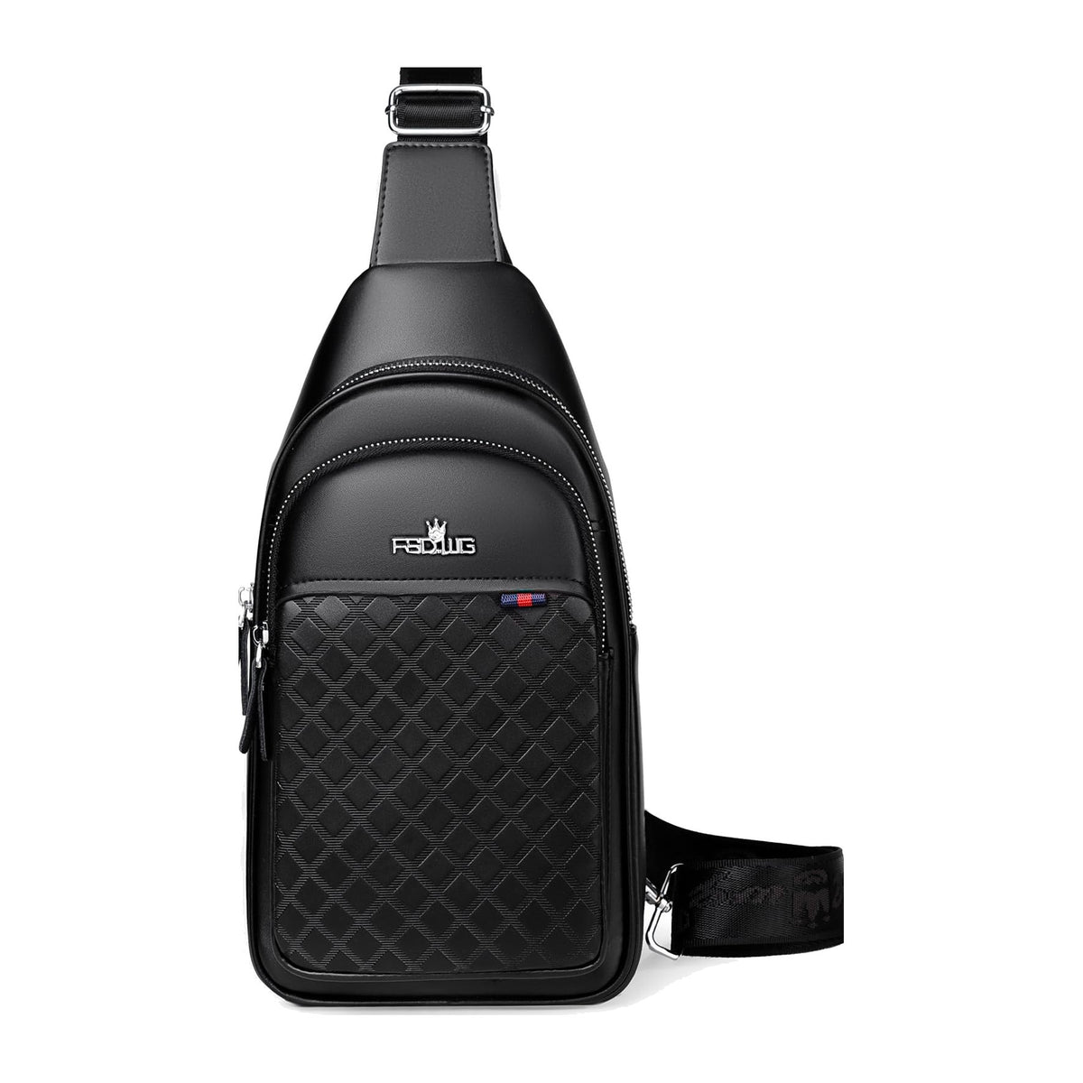 Black vegan leather sling bag, front view | FR Fashion Co.
