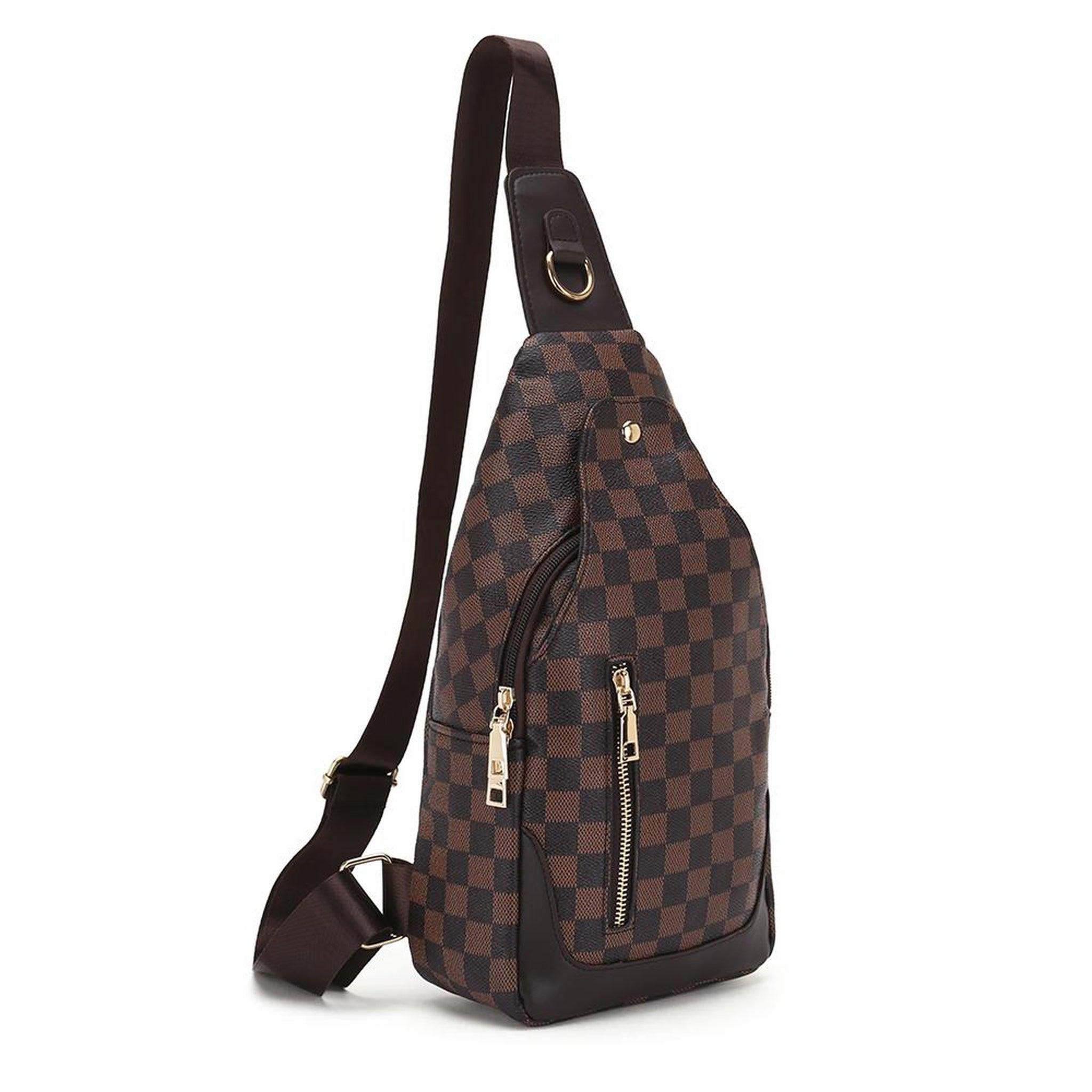 FR Fashion Co. 13" Brown Checkered Print Leather Crossbody Sling Bag - FR Fashion Co.