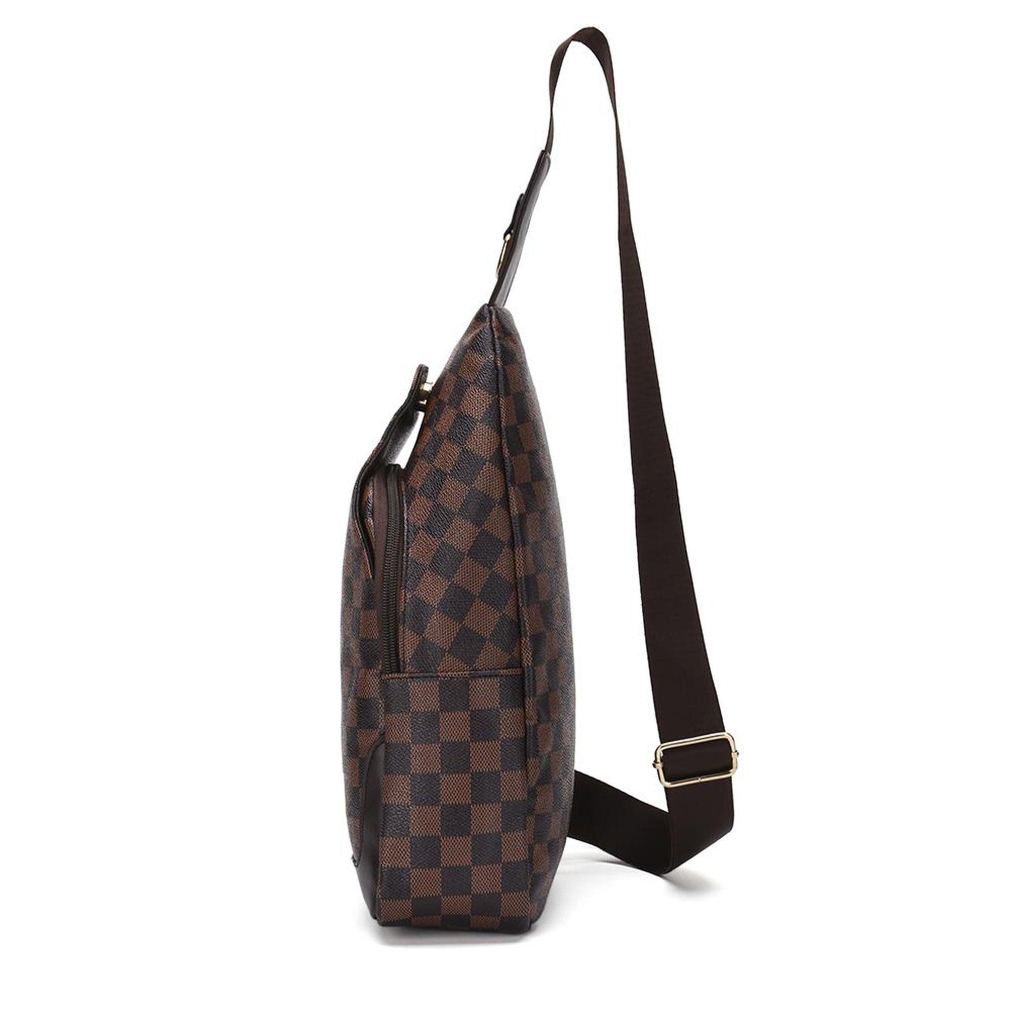 FR Fashion Co. 13" Brown Checkered Print Leather Crossbody Sling Bag - FR Fashion Co.
