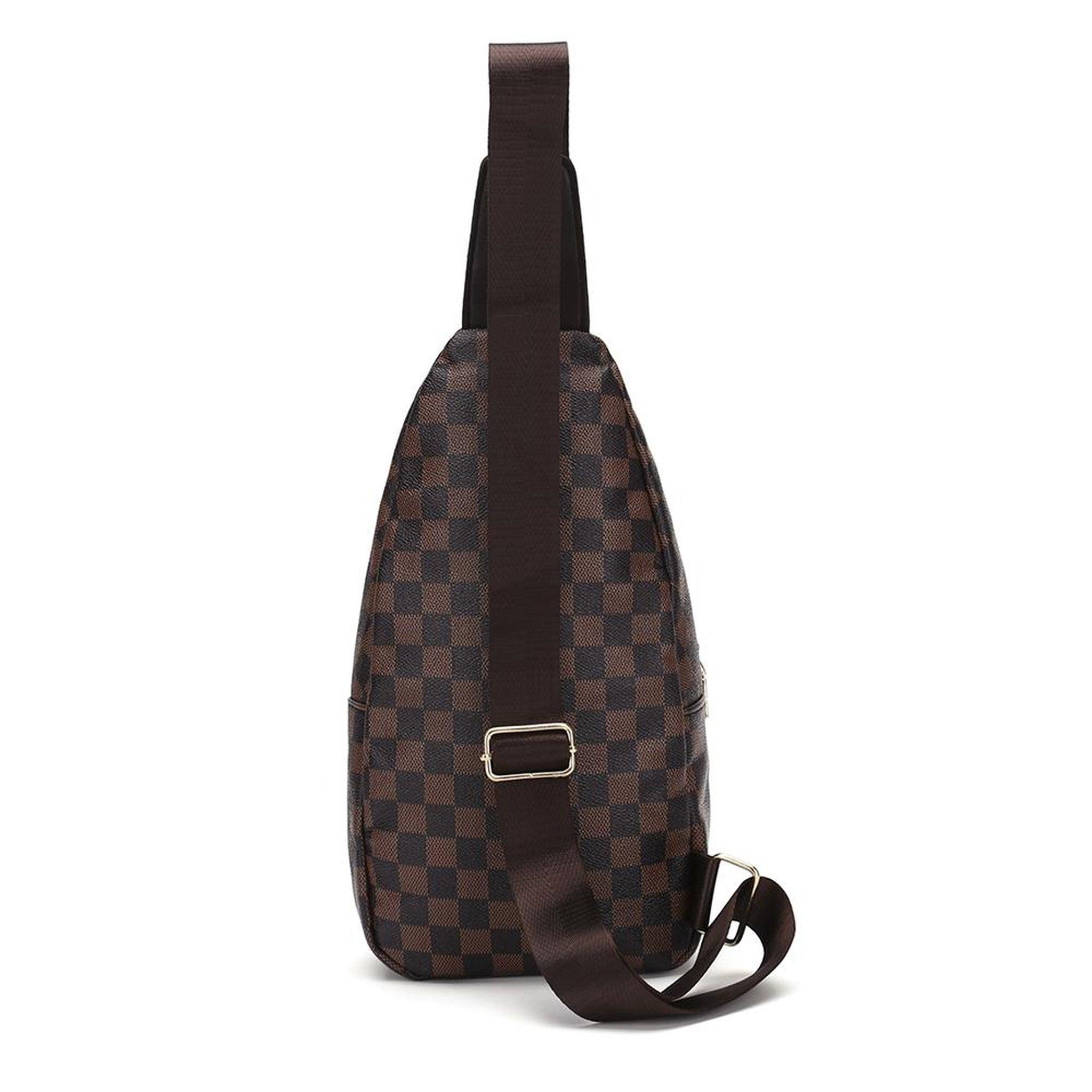 FR Fashion Co. 13" Brown Checkered Print Leather Crossbody Sling Bag - FR Fashion Co.