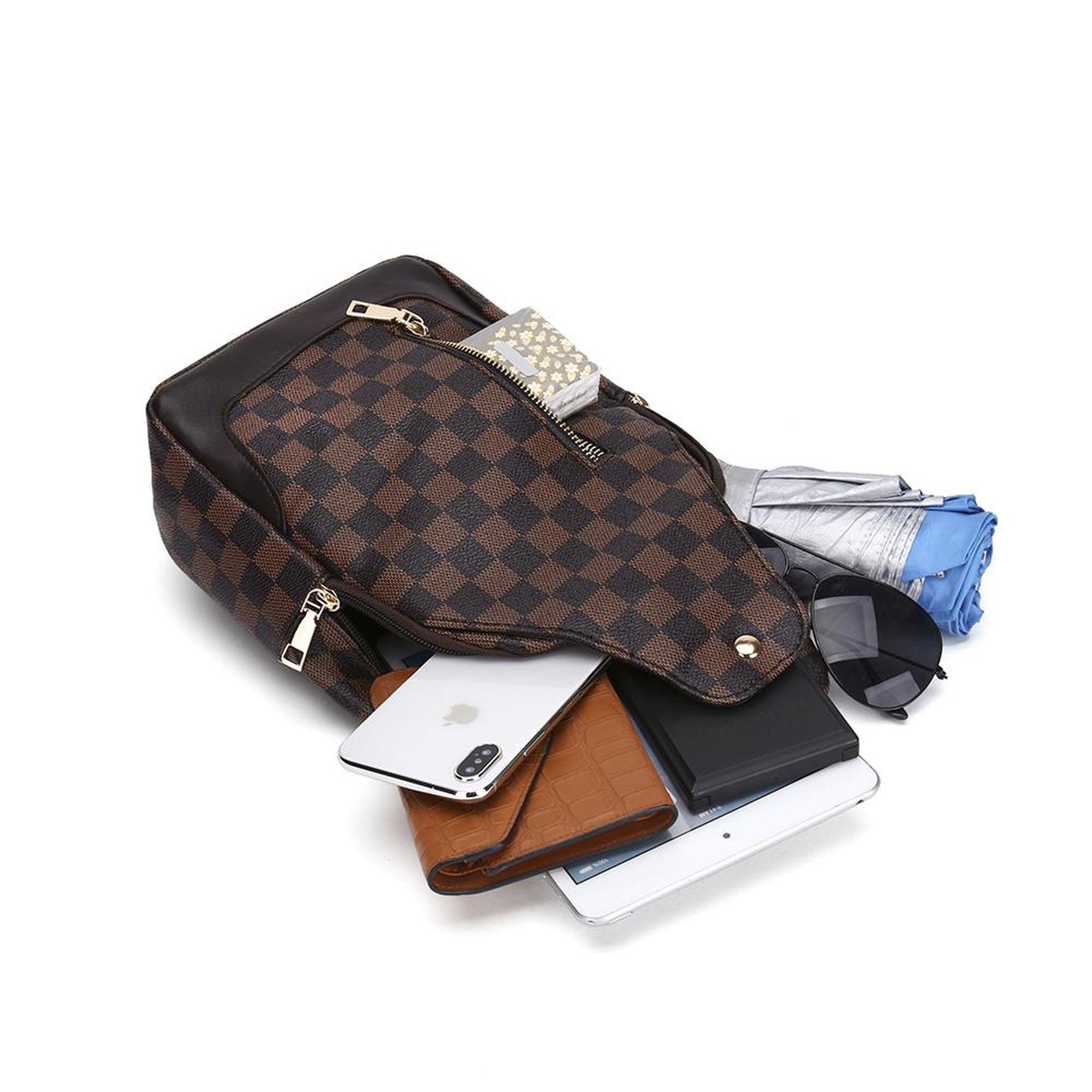 FR Fashion Co. 13" Brown Checkered Print Leather Crossbody Sling Bag - FR Fashion Co.