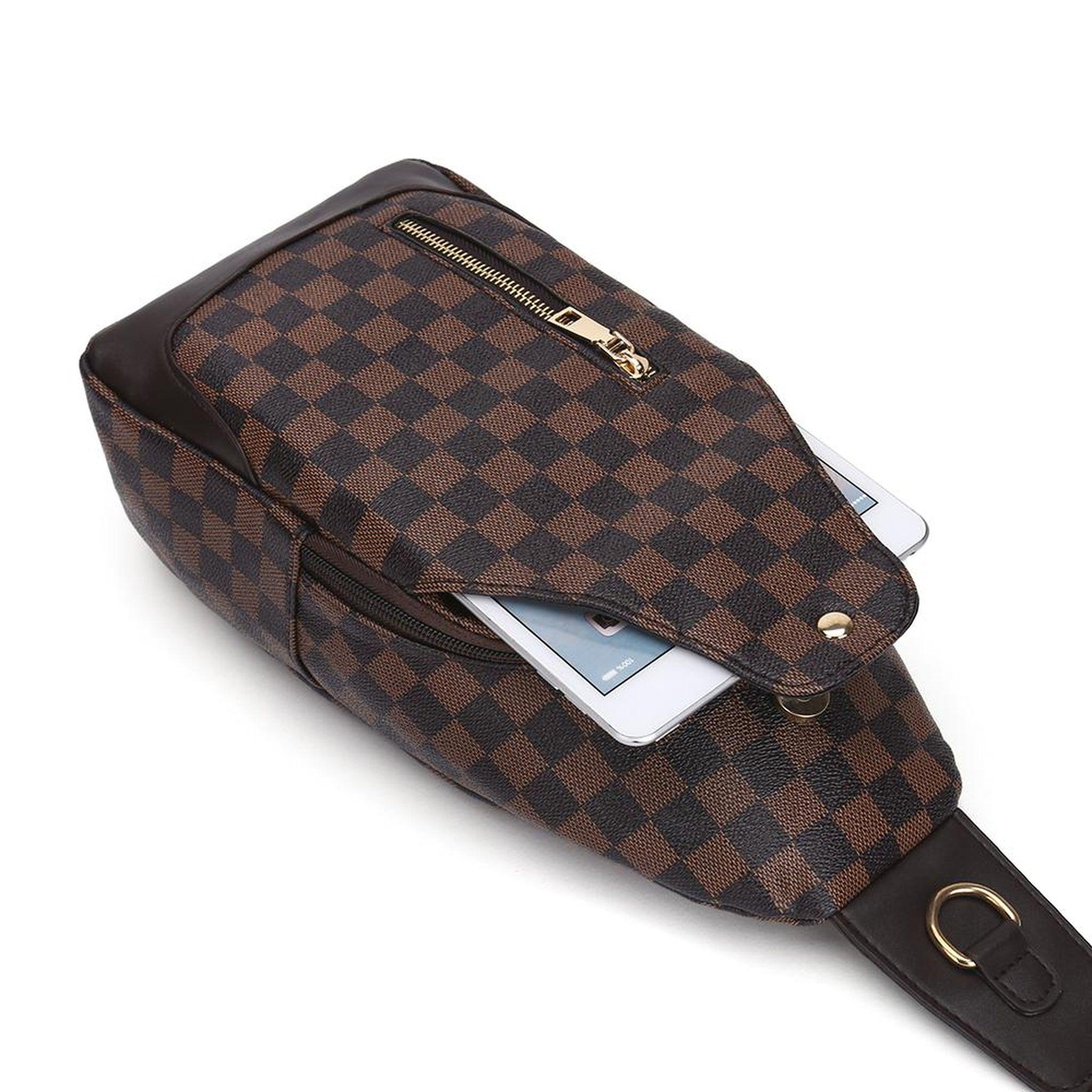 FR Fashion Co. 13" Brown Checkered Print Leather Crossbody Sling Bag - FR Fashion Co.