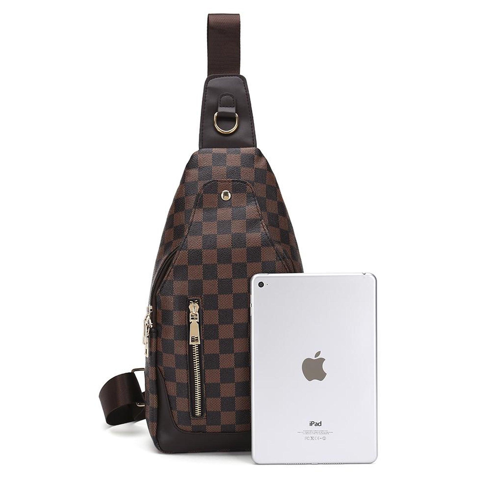 FR Fashion Co. 13" Brown Checkered Print Leather Crossbody Sling Bag - FR Fashion Co.