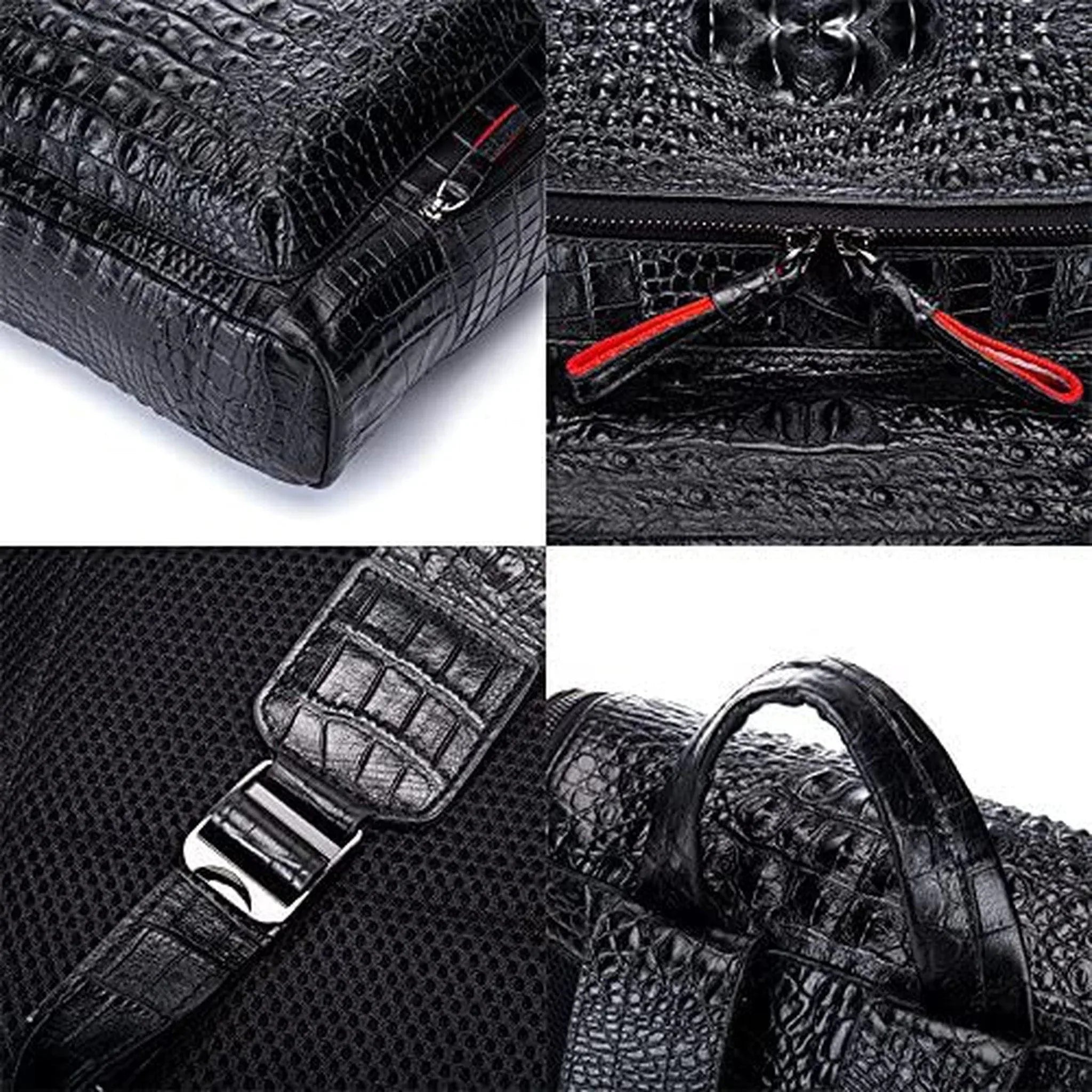 Men's black leather crocodile design backpack with red zipper accents by FR Fashion Co.