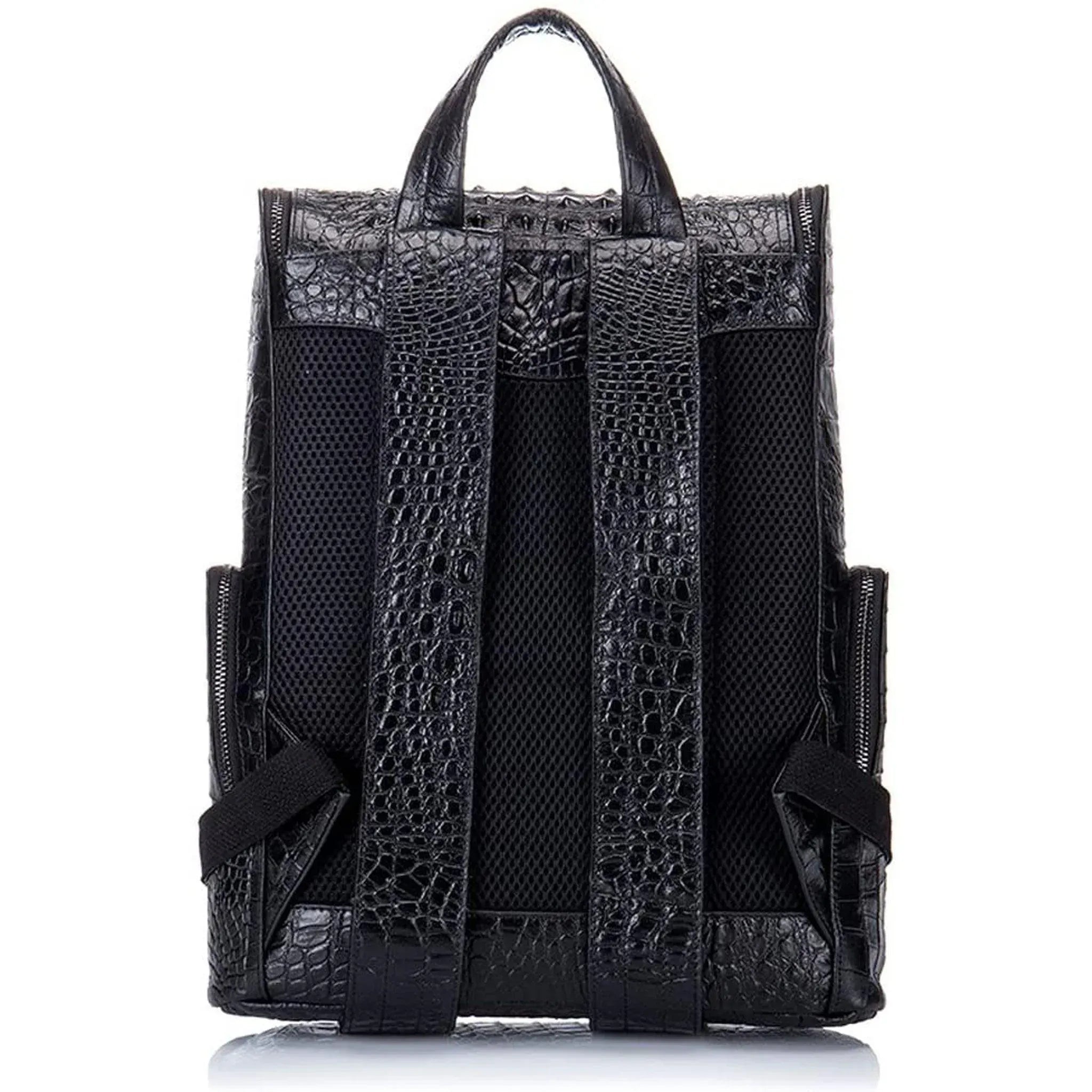 Men's black leather crocodile design backpack with mesh back by FR Fashion Co.