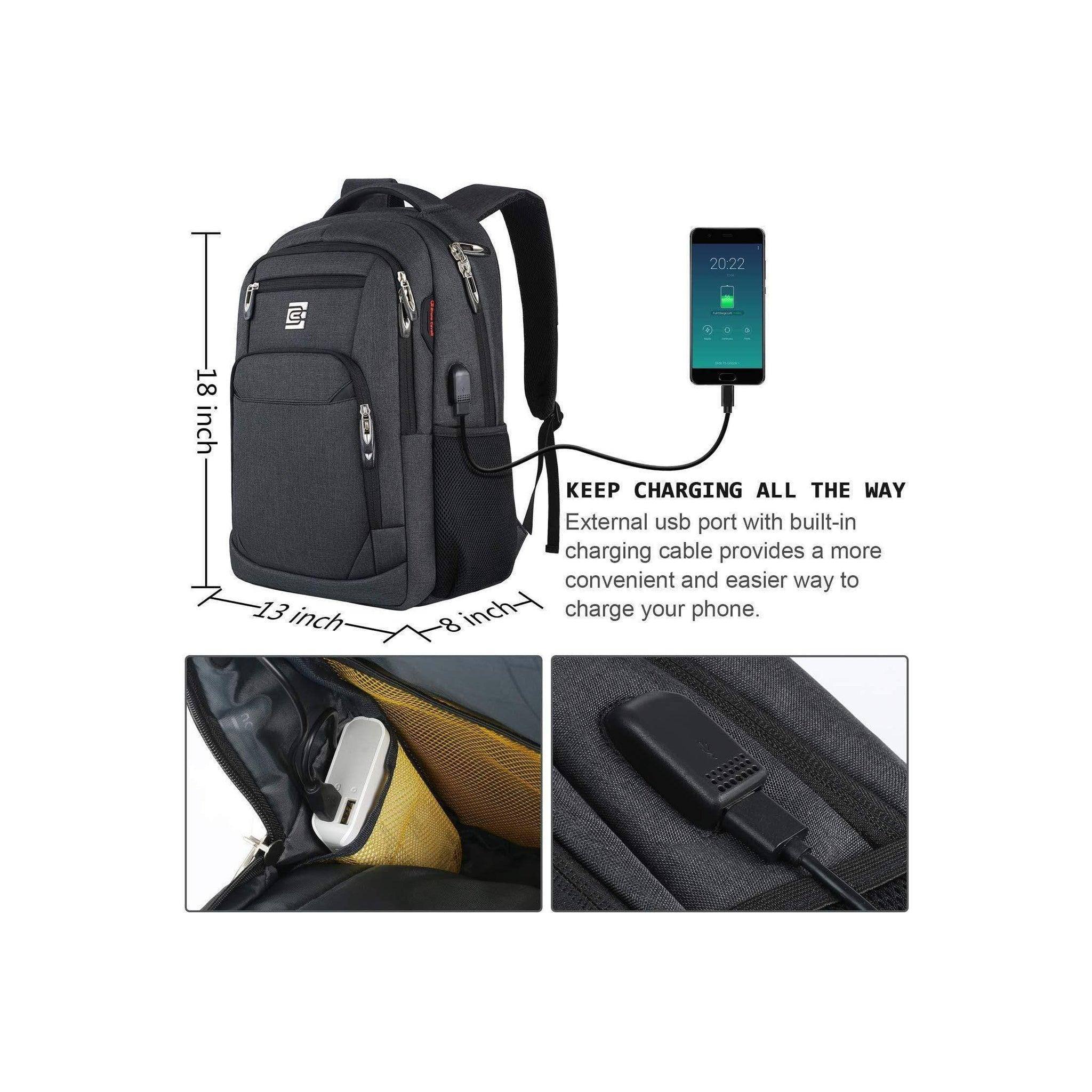 Men's black anti-theft travel backpack with USB charging port, nylon fabric, FR Fashion Co.