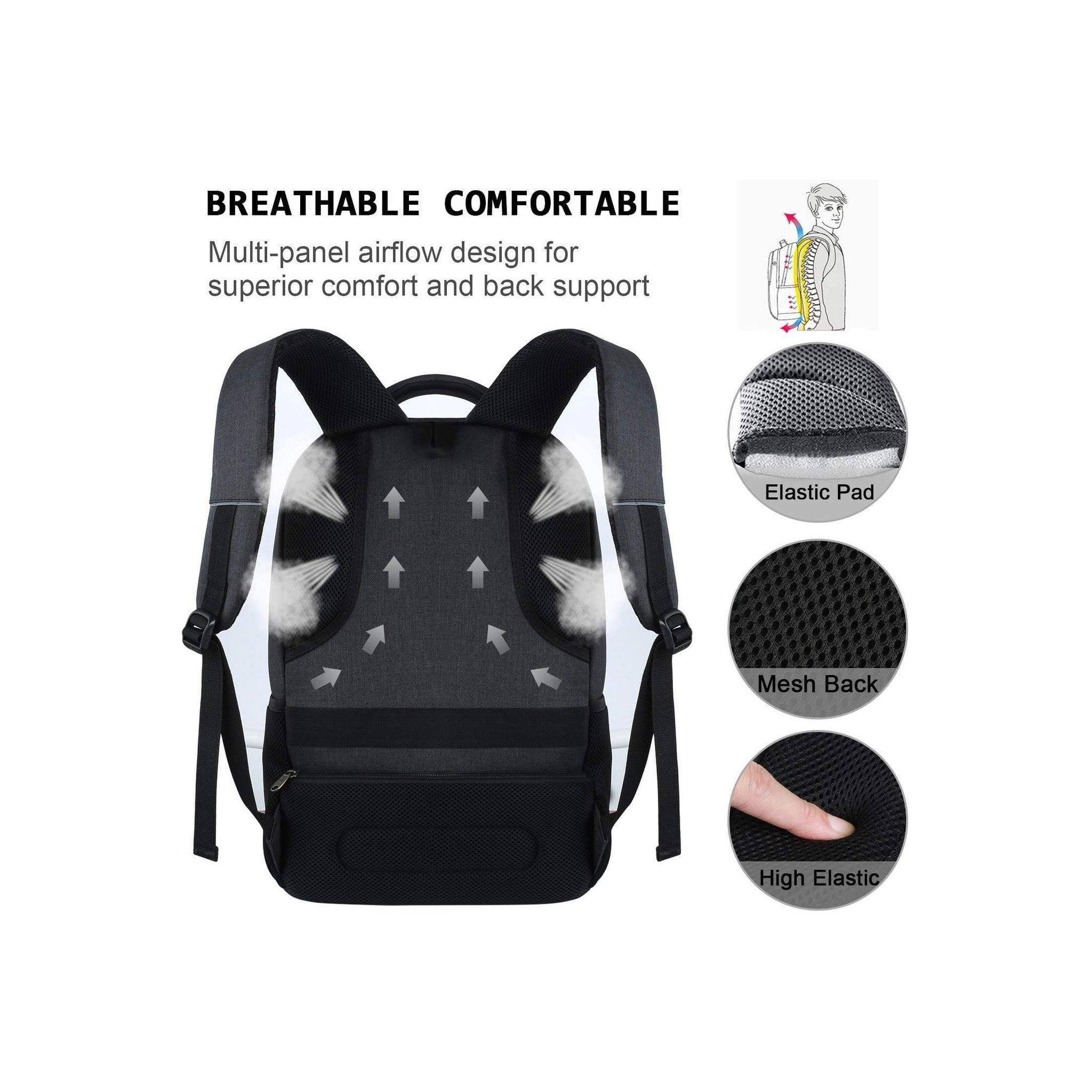 Men's black anti-theft travel backpack with mesh back and elastic padded straps by FR Fashion Co.