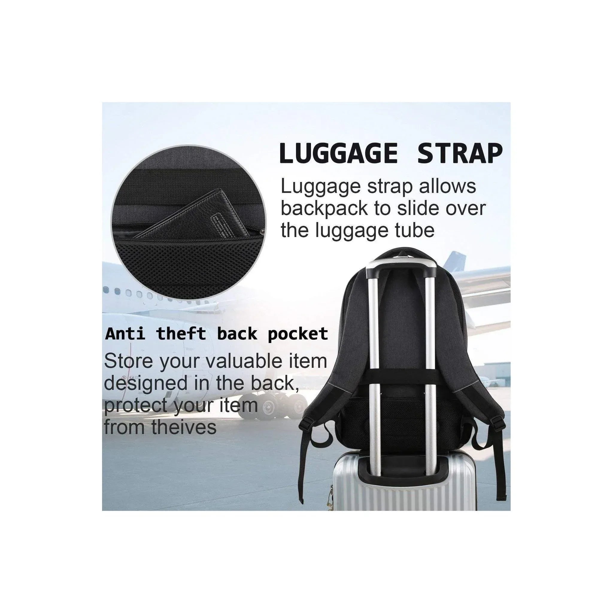 Men's black anti-theft travel backpack with luggage strap and hidden back pocket, FR Fashion Co.