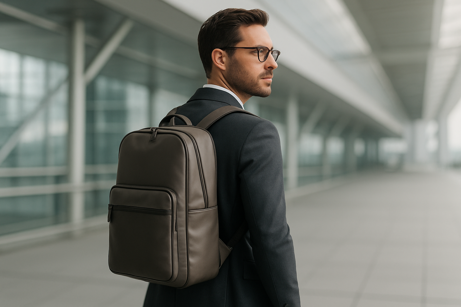 A professional man in a modern cityscape or airport setting wearing a sleek leather or nylon backpack in neutral tones. Clean background, minimalist lighting, and a confident stance.