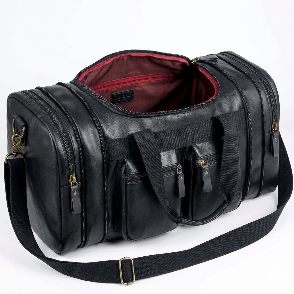 Men's Vegan Leather Duffel Bag – interior capacity view | FR Fashion Co.