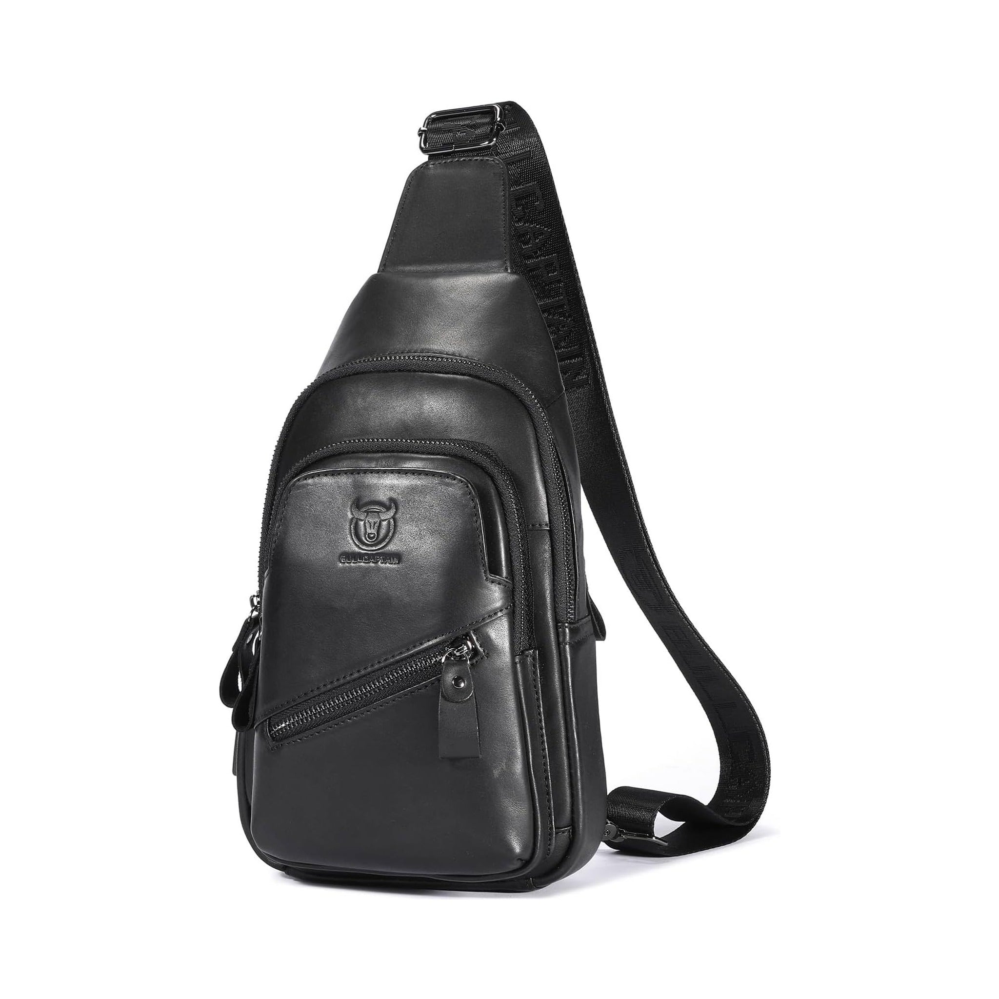 Men's genuine leather USB charging sling bag — black colorway front hero | FR Fashion Co.