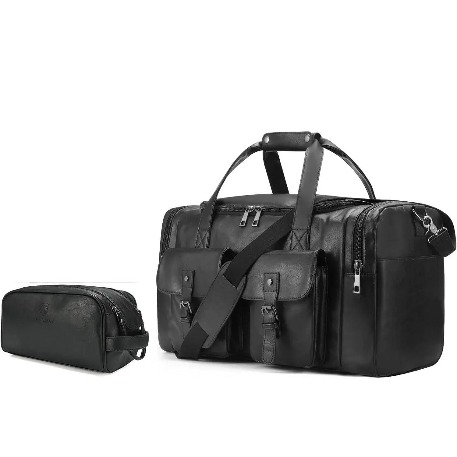 Men's leather duffel bag with toiletry set — black colorway front hero | FR Fashion Co.