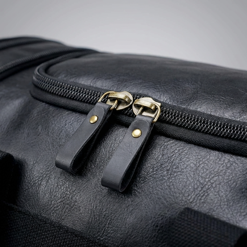 Men's Vegan Leather Duffel Bag – zipper and leather pull detail | FR Fashion Co.