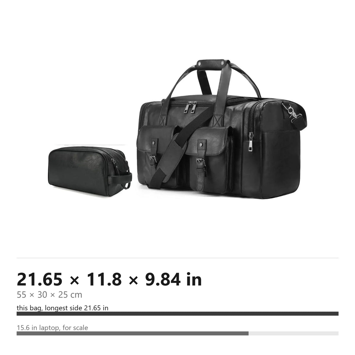 Men’s Vegan Leather Duffel Bag, shown to scale, 21.65 by 11.8 by 9.84 inches | FR Fashion Co.