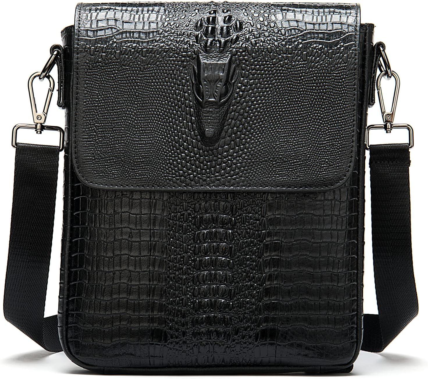 FR Fashion Co. 11" Men's Leather Crocodile Embossed Messenger Sling Bag - FR Fashion Co. 