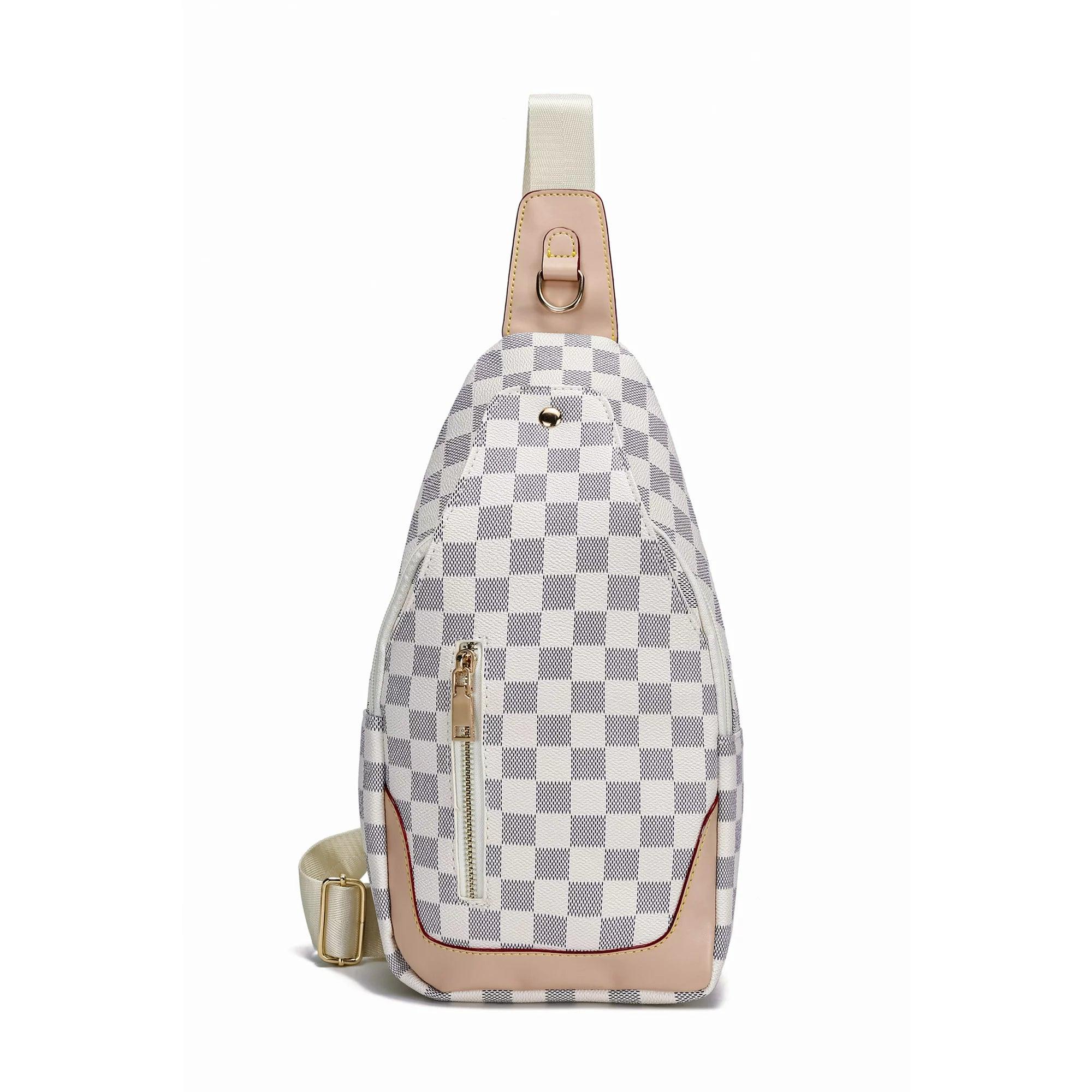 FR Fashion Co. 13" White Checkered Print Leather Crossbody Sling Bag - FR Fashion Co. 