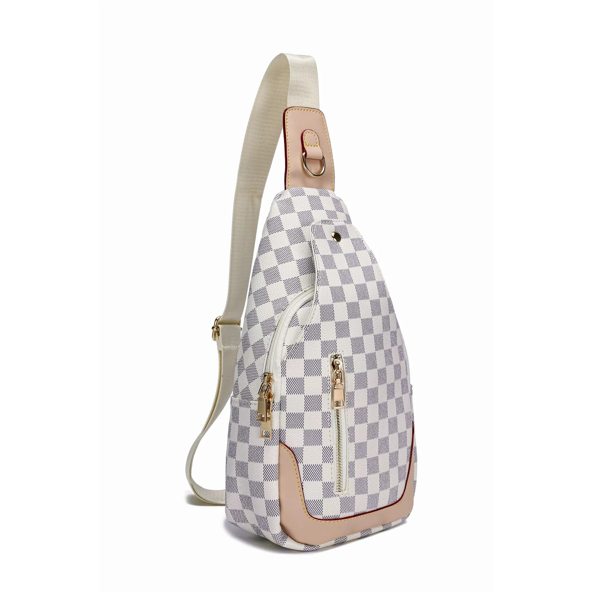 FR Fashion Co. 13" White Checkered Print Leather Crossbody Sling Bag - FR Fashion Co. 