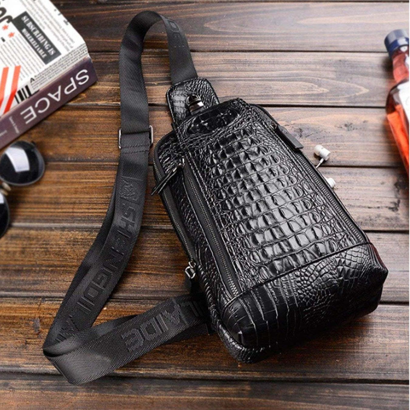 FR Fashion Co. 12" Men's Crocodile Pattern Leather Crossbody Sling Bag - FR Fashion Co. 