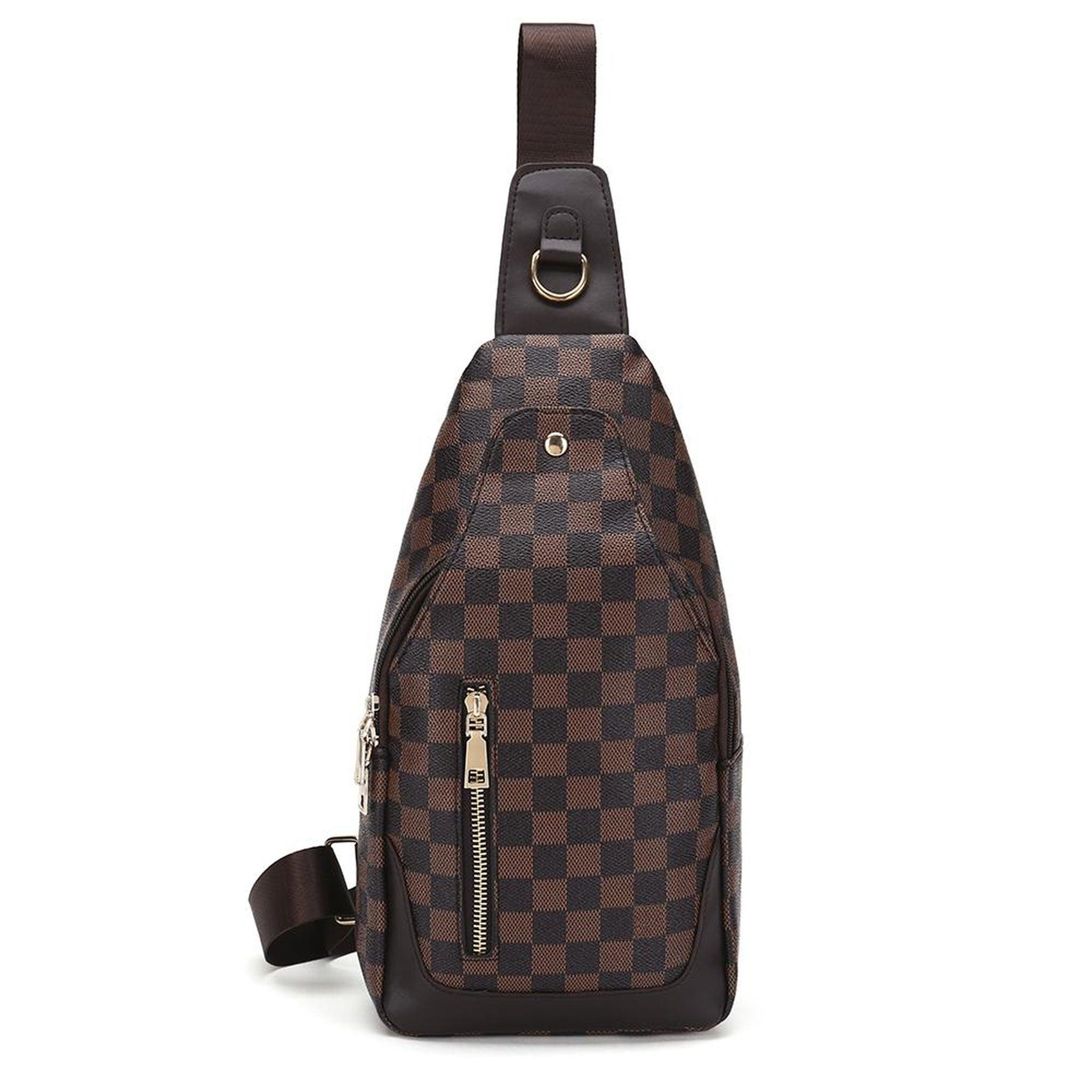 FR Fashion Co. 13" Brown Checkered Print Leather Crossbody Sling Bag - FR Fashion Co. 