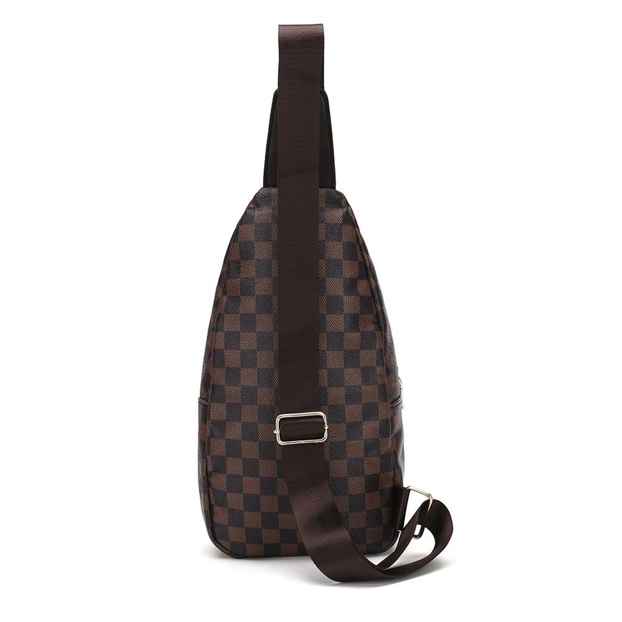 FR Fashion Co. 13" Brown Checkered Print Leather Crossbody Sling Bag - FR Fashion Co. 