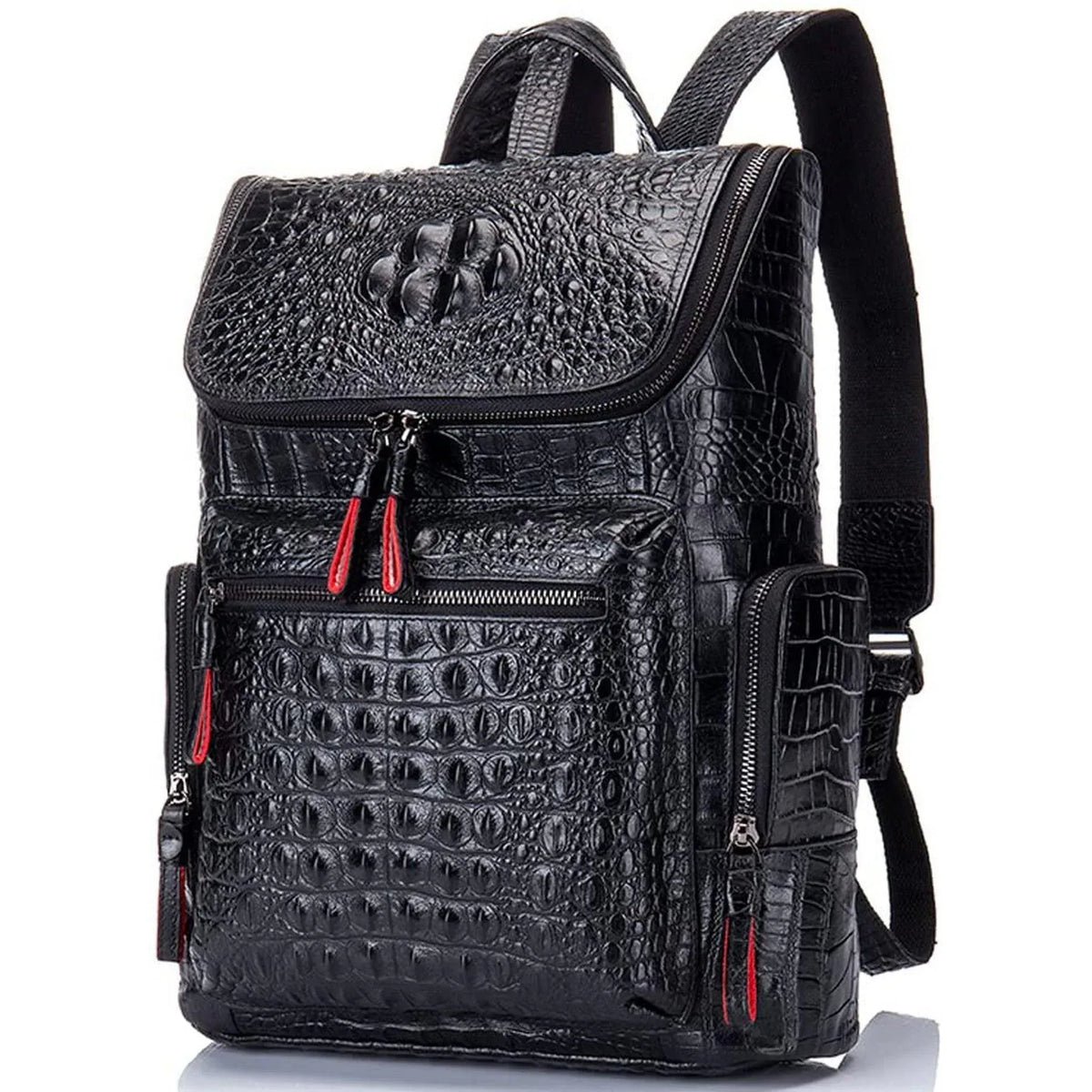 black leather fashion backpack purse FR Fashion Co. 13" Men's Leather Crocodile Design Backpack